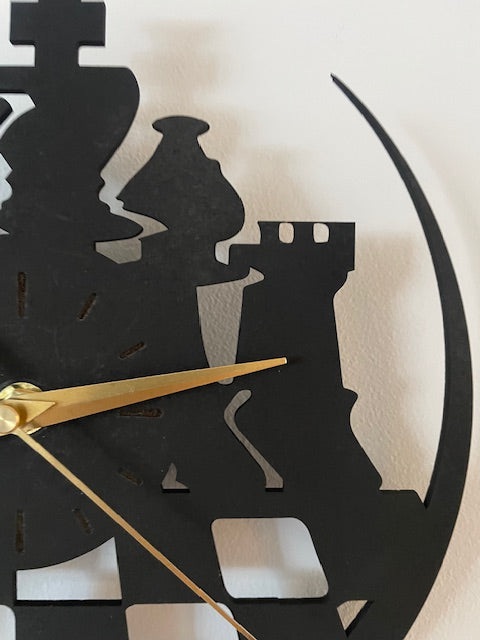 Black clock with gold hands on a white background