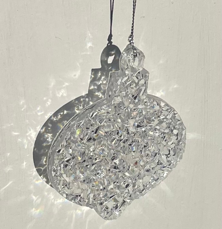 Textured resin Christmas ornament bauble shaped.  Druzy texture on front creates natural shimmer