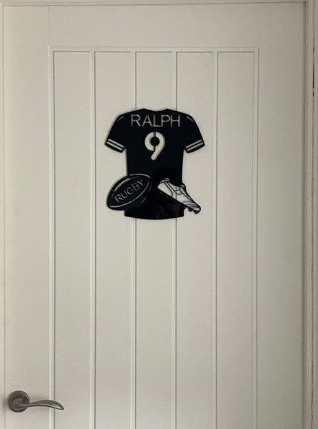 Rugby shirt door sign, name and number