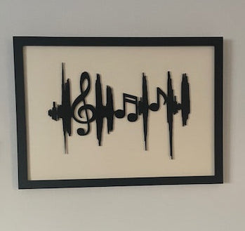 Decorative wall art with musical notes on a plain background