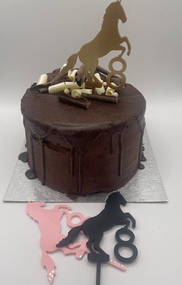 Chocolate cake with horse-themed decorations on a white background